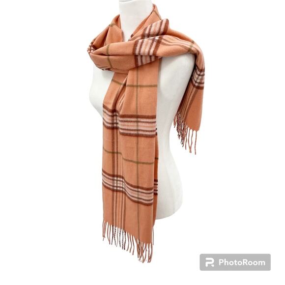 V. Fraas Cashmink Scarf Peach Plaid Rectangle Fringe Preppy Boho Casual Cozy - Picture 1 of 5